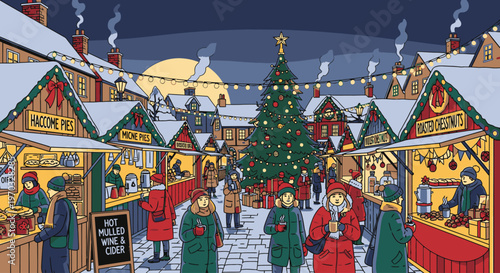 Illustration of a festive Christmas market at night with people shopping and socializing around a large tree.