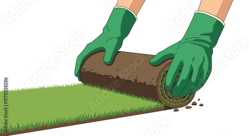Gloved hands are actively unrolling a section of green grass turf onto a brown soil base against a clean white background.