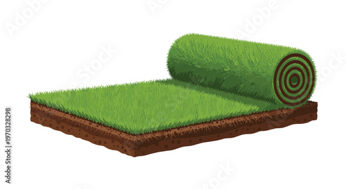 A roll of lush green grass turf is partially unrolled on a layer of brown soil against a plain white background.