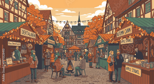 Vibrant illustration of a bustling outdoor market with people shopping and socializing among stalls and buildings in a quaint town with warm orange tones and a lively atmosphere.