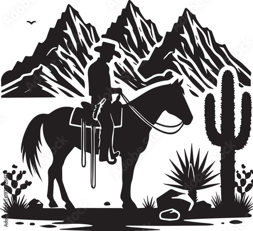 Western Cowboy on Horse in Mountain Desert Landscape - Vector Silhouette