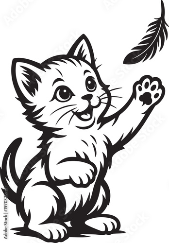 Adorable Playful Kitten Reaching for Feather - Cute Pet Illustration