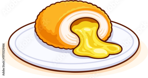 Chicken Kiev cutlet half in flat vector style, cut piece with melted butter filling on plate, crispy breaded chicken, simple shapes and clean lines, isolated on white background, suitable for menu