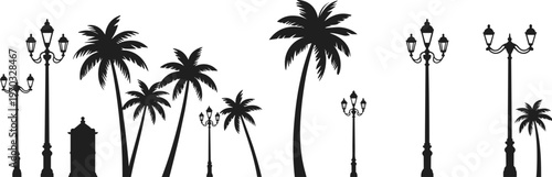 Black silhouette illustration of decorative street lamps and palm trees with kiosk structure, urban outdoor design elements, landscape architecture inspiration, artistic graphic composition
