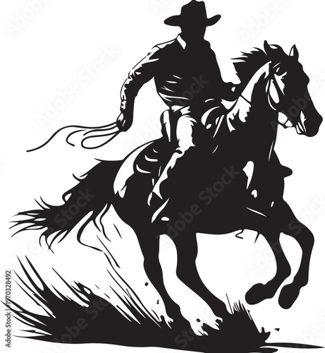 Dynamic Cowboy on Rearing Horse with Lasso - Wild West Action