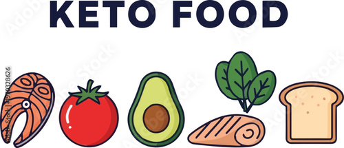 Keto food illustration with salmon, tomato, avocado, spinach, and toast, promoting healthy eating.