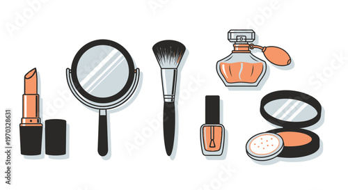 Cosmetics and beauty accessories mirror brush lipstick perfume and powder