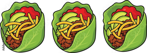 Three healthy lettuce wraps filled with seasoned ground meat, avocado, cheese, and salsa.