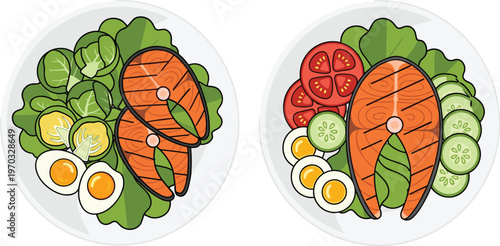 Two healthy salmon and egg salad plates with fresh vegetables, a nutritious and balanced meal option.