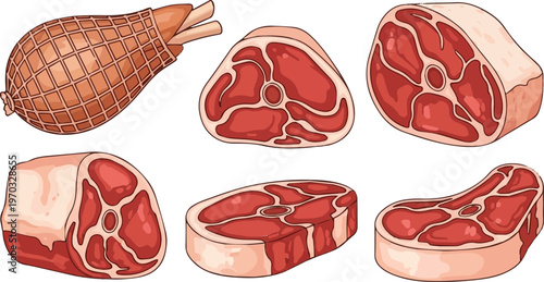 Assortment of raw meat cuts including ham, steaks, and roasts, showcasing butcher shop variety.