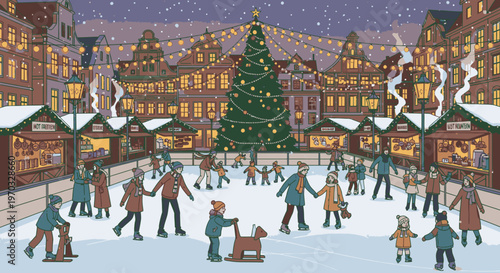 Illustration of people ice skating in a festive winter wonderland with a Christmas tree, string lights, and buildings in the background, conveying a joyful and lively atmosphere.