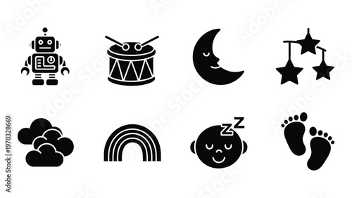 A collection of black silhouette icons depicting baby related themes including robots drums moons and footprints high quality professional detailed modern
