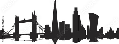 Black silhouette illustration of London skyline with Tower Bridge, The Shard, Walkie Talkie building, modern architecture reflection, iconic landmarks, urban city design concept