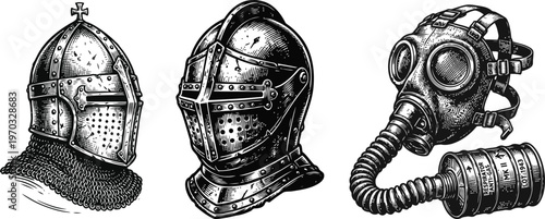 An illustration of three historical helmets on a white background