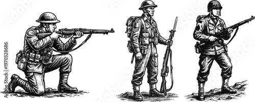 Three soldiers in military uniforms with guns in various positions