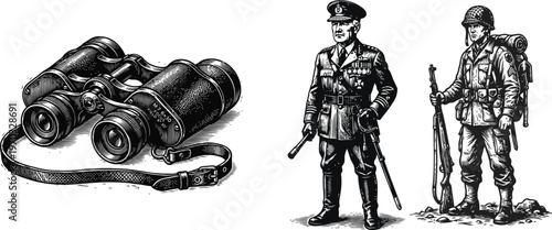 A black and white illustration of military personnel with binoculars and rifles standing ready for action.