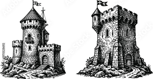 An illustration of two medieval stone towers with flags on a white background
