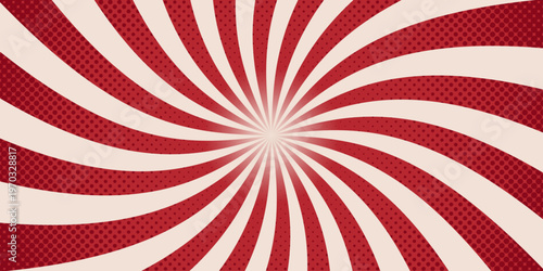 Red comic sunburst effect background with halftone dots. Vintage carnival circus pattern with radial swirl lines. Spiral red and beige rays. Pop art 70s retro design poster. Vector illustration