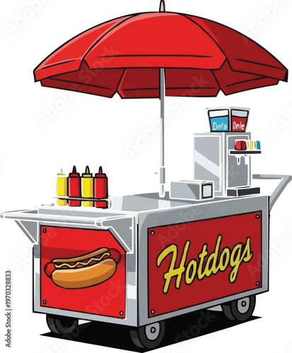 Red hotdog stand cart with umbrella, condiments, and drinks dispenser, selling hotdogs, street food.