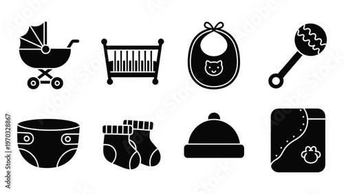 A collection of simple black glyph icons depicting various baby essentials and items for newborns high quality professional detailed modern elegant