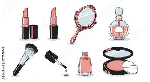 Cosmetics and beauty products illustration with lipstick mirror nail polish and brush