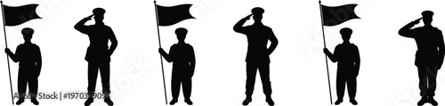 Black Silhouette Illustration of Two Female Soldiers in Uniform Saluting and Holding a Rifle Representing Women in Military Service Defense Patriotism Courage and Honor.