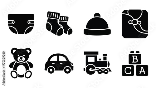 A collection of black silhouette icons depicting baby items like diapers socks hats toys and building blocks high quality professional detailed