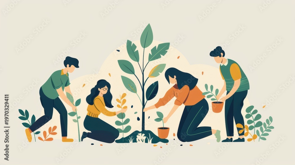 Fototapeta premium Volunteers planting tree together, community gardening concept