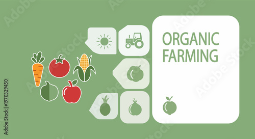 Organic farming concept with fresh produce and agricultural machinery icons