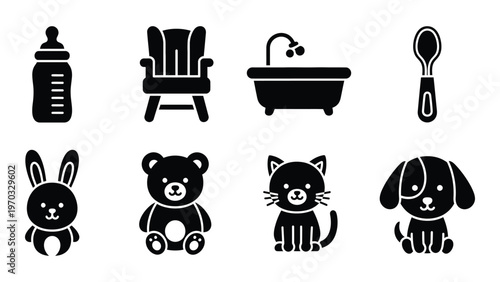 A collection of black silhouette icons depicting baby items stuffed animals and common household pets high quality professional detailed modern elegant