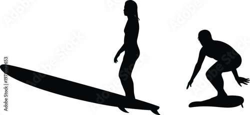 Black silhouette illustration of two surfers on different boards, standing and crouching, showcasing dynamic surfing styles, ocean sport adventure, recreation, and coastal lifestyle concept.