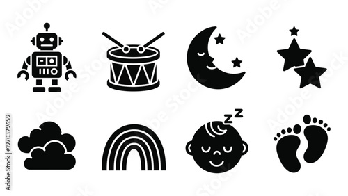 A collection of black silhouette icons depicts a robot drum moon stars clouds rainbow baby and footprints high quality professional detailed