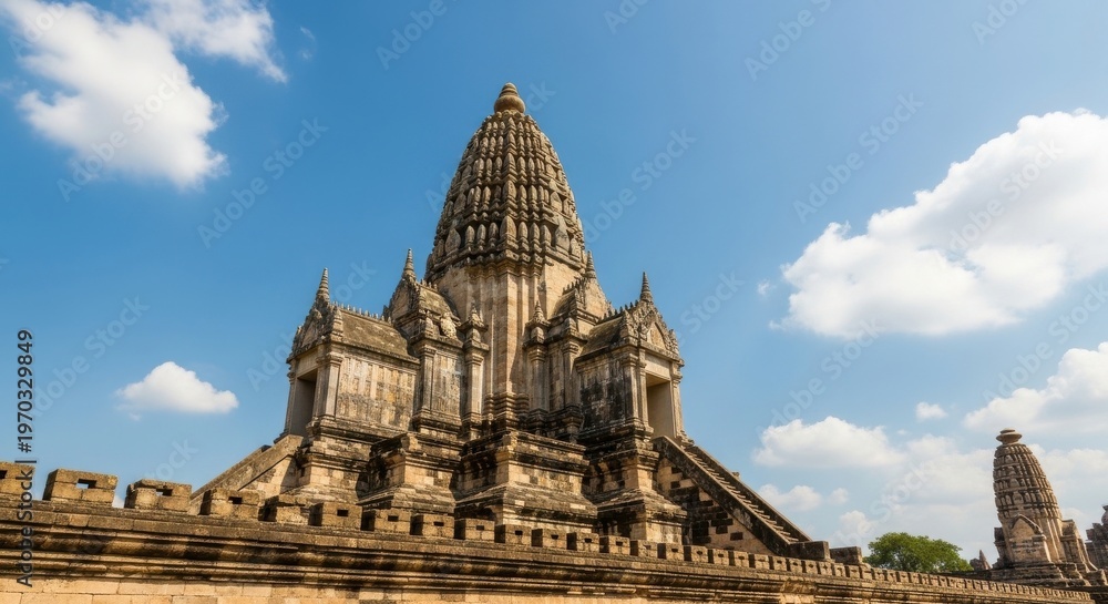 Fototapeta premium Ancient temple with intricate architecture under a blue sky, historical travel destination in Southeast Asia