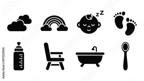 A collection of black silhouette icons depicting baby related items including a sleeping infant rainbow and bath high quality professional detailed