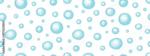 Crayon air bubbles in water, soap foam or champagne. Seamless pattern with blue hand drawn doodle balls with chalk texture on white background. Pattern with crayon soap bubbles, vector illustration