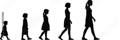 Black silhouette of female aging process showing evolution from toddler to young girl and teenager walking isolated on white background flat vector illustration.