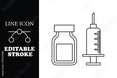 Black line of medicine bottle and syringe on white background with editable stroke