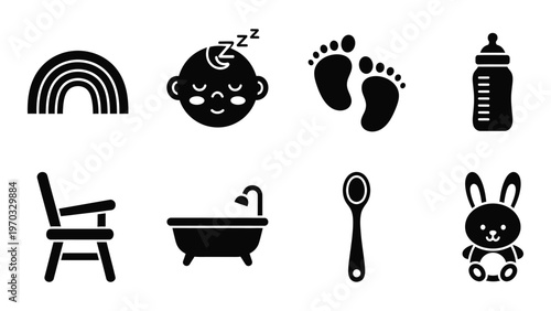 A collection of simple black and white icons depicting baby related items including a rainbow footprints and toys high quality professional