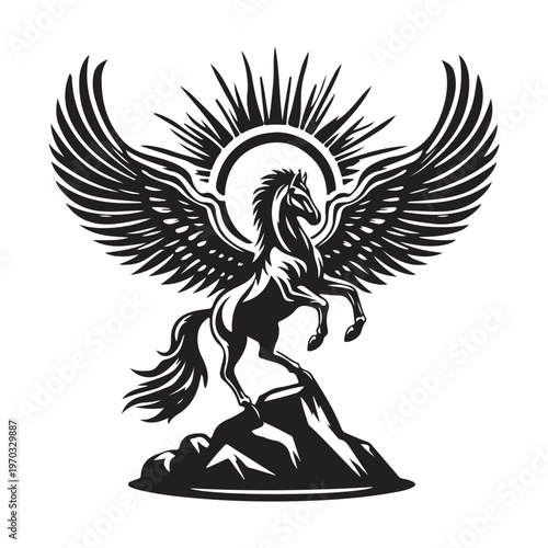 Majestic Winged Unicorn (Pegasus) with Radiant Sun - Mythical Creature