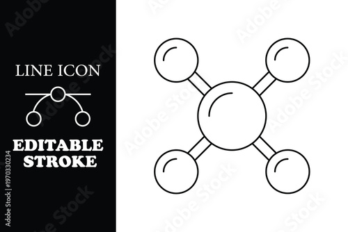 Black line of molecular structure with four bonded spheres line editable stroke chemistry