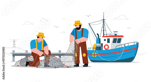 A flat vector image of fishermen fixing their fishing nets beside a docked boat, designed with simple characters, a coastal livelihood concept, and a white background.