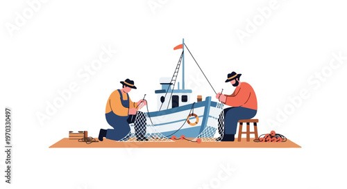 A clean flat vector illustration of fishermen repairing nets next to their boat at a harbor dock, featuring simple character designs, a coastal livelihood theme, and a white background.