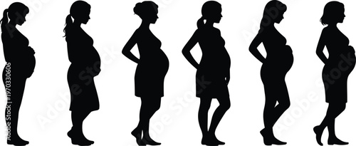 Black silhouette set of pregnant women in various stages of pregnancy and poses isolated on white background for maternity healthcare motherhood and prenatal wellness designs
