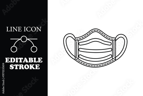 Black line of surgical face mask on white background with editable stroke surgical mask
