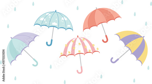 Colorful vector illustration of umbrellas with raindrops symbolizing rainy weather, cheerfulness, and whimsical design