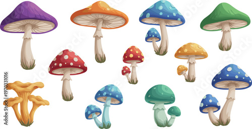Colorful vector illustration of whimsical mushrooms symbolizing nature, fantasy, and imaginative diversity