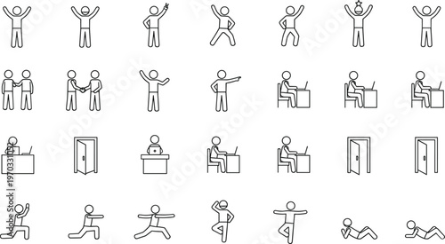 Minimal vector illustration of stick figure icons symbolizing human gestures, activities, and universal communication