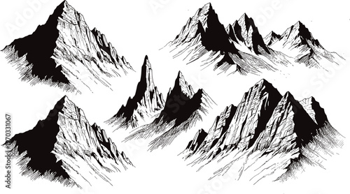 Detailed vector illustration of mountain ranges symbolizing nature, adventure, and rugged landscapes