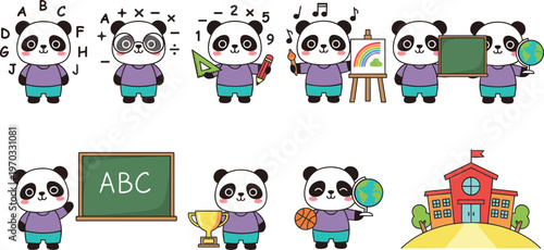 Vector illustration of cartoon pandas learning letters, math, art, and sports in playful educational theme