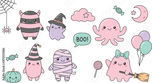 Vector illustration of cute pastel Halloween characters with ghosts, mummy, pumpkin, and festive decorations